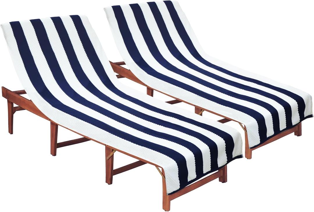 COTTON CRAFT Pool Lounge Chair Cover - 2 Pack Cabana Stripe Waffle Weave | Oversized Euro Spa 32 W x 82 L & 7 inch Pocket Beach Chaise Cover - Soft Absorbent 450 GSM 100% Cotton Beach Towel - Navy