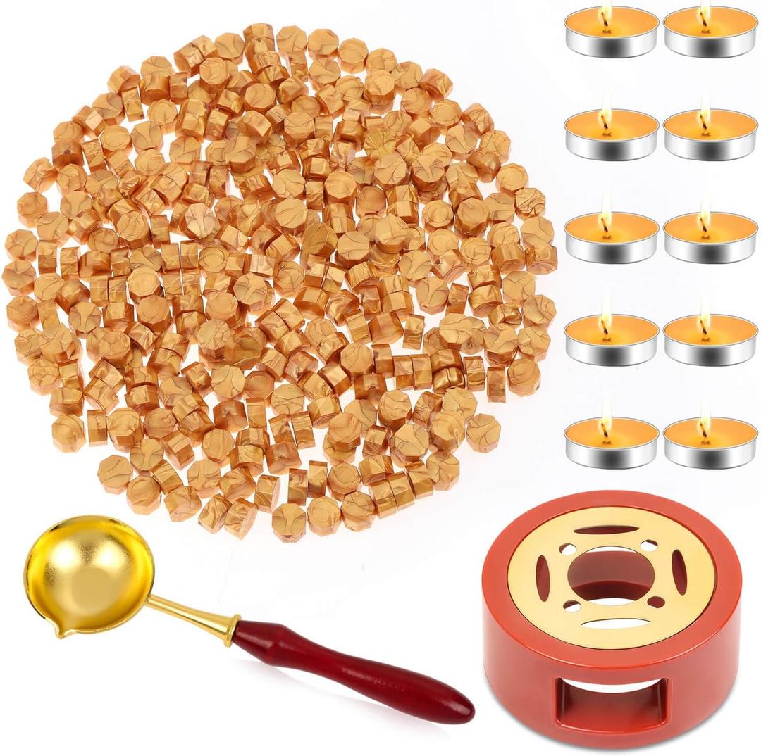 Sealing Wax, Paxcoo 312pcs Sealing Wax Kit with Warmer, Spoon for Stamp Letter Seal (Gold)