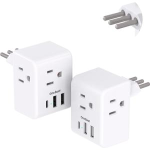 2 Pack Italy Travel Plug Adapter, Type L Italy Power Adapter with 3 American Outlets 3 USB Ports(1USB C), 6 in 1 Travel Outlet Adaptor, 3 Prong Grounded Plug for USA to Italy Chile Uruguay Italian White
