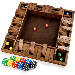 Ropoda 14 Inches 4-Way Shut The Box Game (2-4 Players) for Kids & Adults (4 Sided Large Shut The Board Game Wooden, 8 Dice) Vintage Style, Close The Box Game, Dice Game