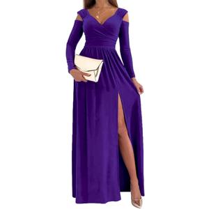 Women Long Sleeve Slit Maxi Long Dresses Deep V Neck Cold Shoulder Dress for Women Casual Fall Winter Evening Date (Small, Purple)