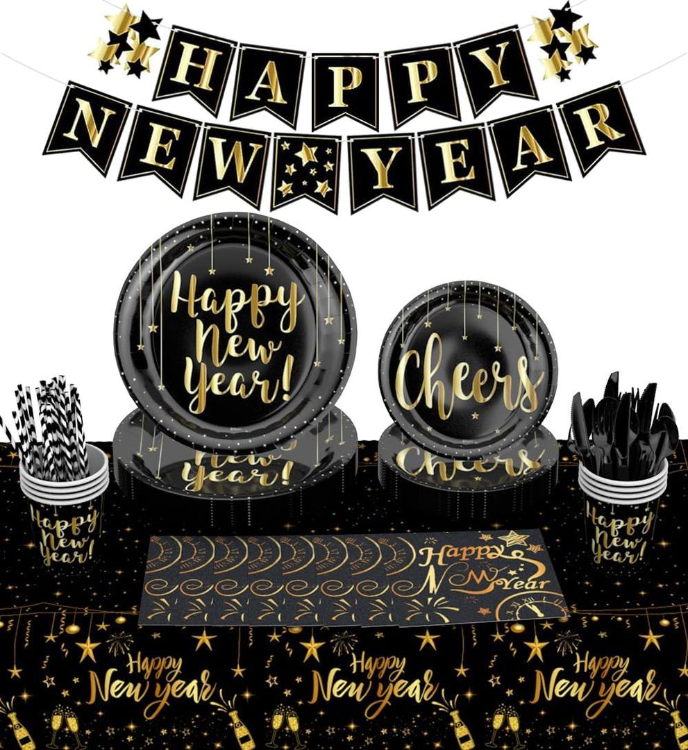 Happy New Year Eve Party Supplies Nye Decorations 2026 Tableware, New Years Plates and Napkins Disposable, 194 Pcs Happy New Year Banner Paper Plates, Napkins, Cups, Tablecloth Serve 24