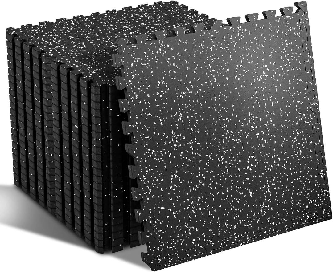 SUPERJARE 0.56'' Thick 24 Pcs 96 Sq Ft Rubber Top Exercise Equipment Mats, High Density EVA Foam Mats with Rubber Top, Interlocking Gym Flooring for Home Gym, Protective Workout Mat, Black/Grey (24 Tiles (96 Sq Ft))