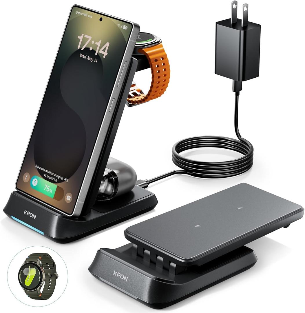 Kpon Wireless Charging Station for Samsung Apple Thick Cases of 10MM/Otterbox/Popsocket, Wireless Charger for Android iPhone Apple Watch Samsung Galaxy S25/24/Z Flip/Fold/Galaxy Watch Ultra/7/6