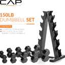 CAP Barbell Rubber Coated Hex Dumbbell Set with Storage Rack |  Options, Space-Saving Vertical Compact Storage for Home Gym Strength Training, Size: 150 lb - Set, Style: Black Handle