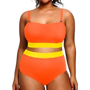 Tempt Me Women Plus Size High Waisted Bikini Bandeau Two Piece Swimsuit Orange and Yellow 14 Plus