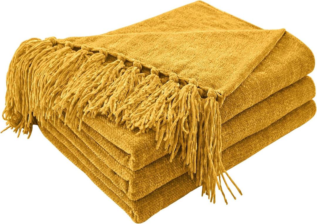 CozeCube Chenille Throw Blanket for Couch, Cozy Plush Fuzzy Decorative Harvest Gold Blanket with Fringe Tassels, Lightweight Throws for Bed Sofa Gift Home Decor, 50"X60"