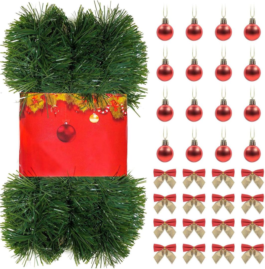 16FT Christmas Garland for Christmas Decoration,Non-Lit Soft Greenery Holiday Decor with 12pcs Xmas Red Bell and 12pcs Decor Bow Home Artificial Christmas Twist Garland for Weeding Party Decoration