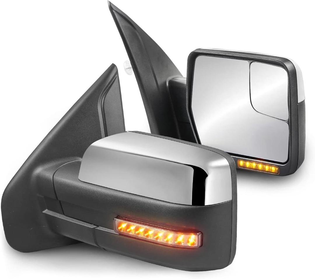 MOSTPLUS Towing Mirror Compatible with 2004-2014 Ford F150 F-150 Power Heated Mirror w/Puddle Light, Sequential Turn Light, Dural Beam (Chrome)