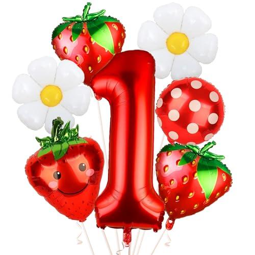NANAGALI 7Pcs Berry First Party Decorations, 40" Red One Balloon for First Birthday Decorations Sweet One Strawberry 1st Berry First Birthday Decor Foil Helium Balloons for Girls