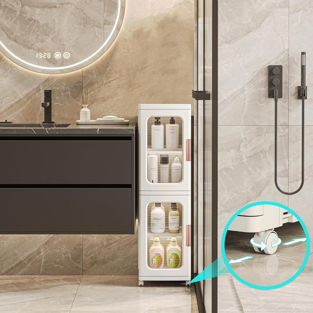 Slim Bathroom Storage Cabinet for Small Spaces, 2-Tiers Plastic Narrow Storage Organizer with Doors and Shelves Stackable Bathroom Floor Cabinet for Home, Living Room, Study Room, White  Slim Bathroom Storage Cabinet for Small Spaces, 2-Tiers Plastic Narrow Storage Organizer with Doors and Shelves Stackable Bathroom Floor Cabinet for Home, Living Room, Study Room, White