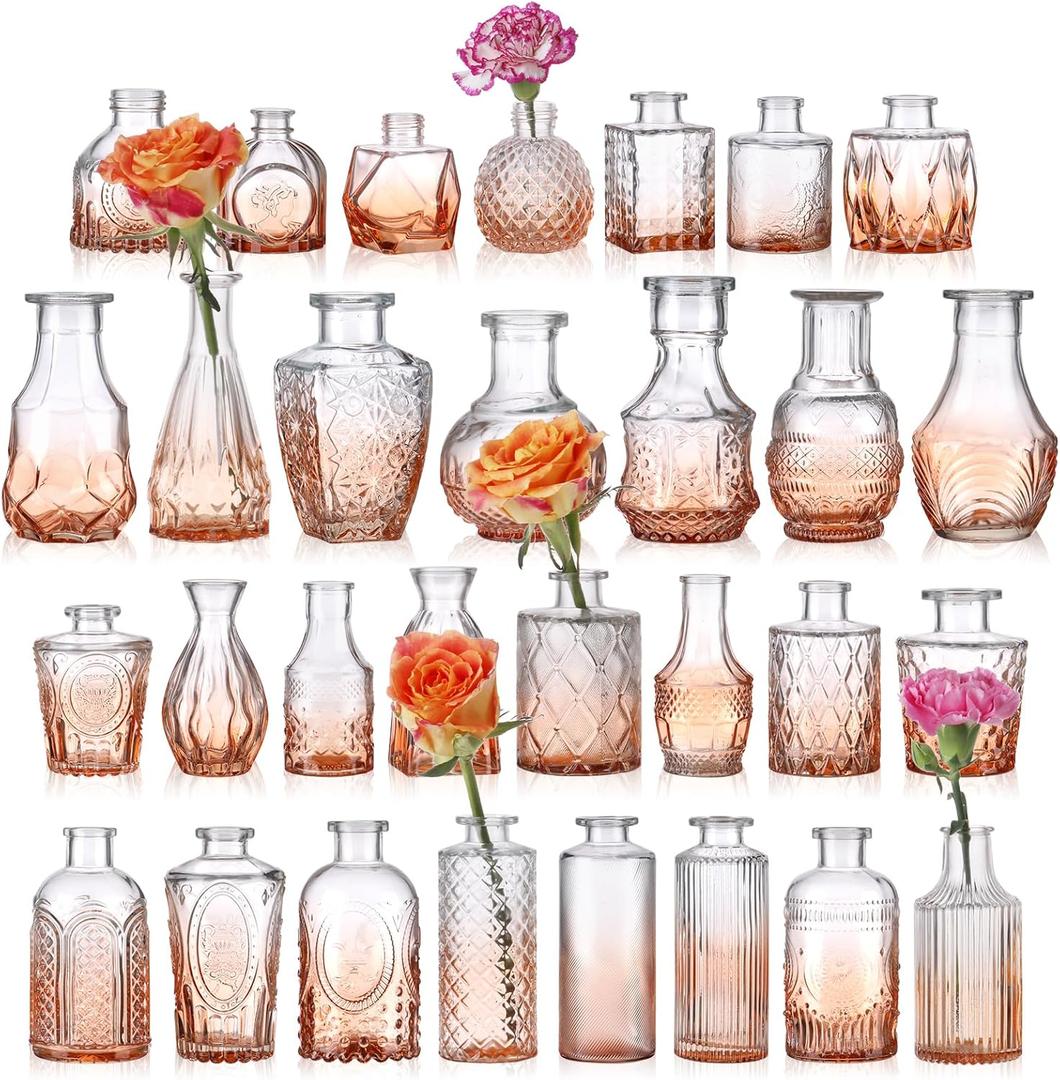 Glass Bud Vase Set of 30 Gradual Orange Glass Vases for Wedding Table Decorations Centerpieces Small Vintage Flower Vase in Bulk Mini Bottles Vases for Home Party Events Anniversary