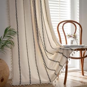 Deeprove Black and White Boho Curtains 84 inches Length for Living Room Bedroom Nursery, Vintage Chic Bohemian 84 inches Long Stripe Embroidery Farmhouse Tassel Privacy Window Decor W52 x L84, 1 Panel