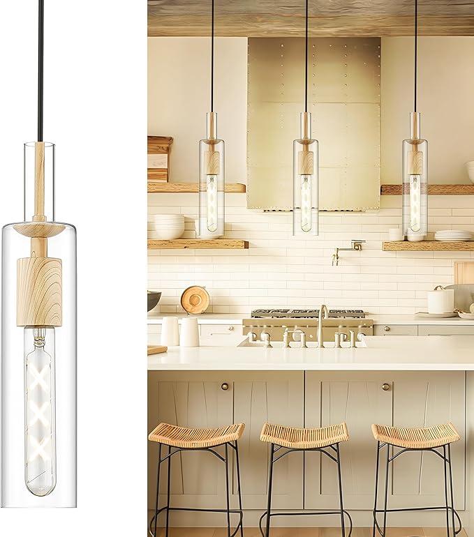 AUTELO 1-Light Pendant Lights Kitchen Island - Gold Pendant Light Fixtures, Vintage Hanging Lamp in Metal Finish with Clear Linear Glass, Kitchen Pendant Lighting over Island for Dining Room, H3875 BG, Light Wood