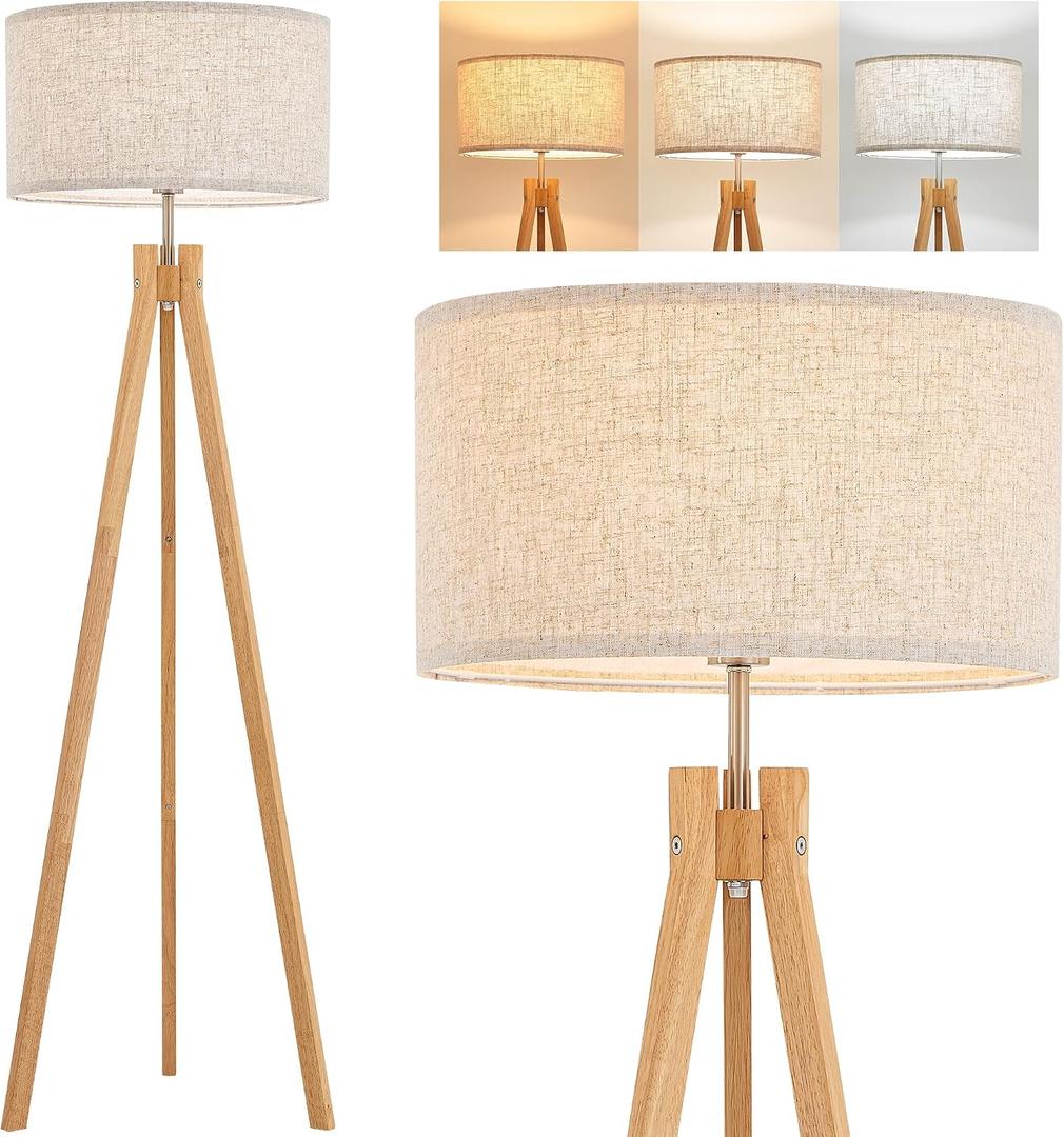 ELYONA Nordic Wood Tripod Floor Lamp, Modern Reading Standing Lamp for Living Room 3 Color Temperatures LED Bulb Included Flaxen Lamp Shade, Boho Natural Wooden floor lamp for Bedroom Office Kids Room