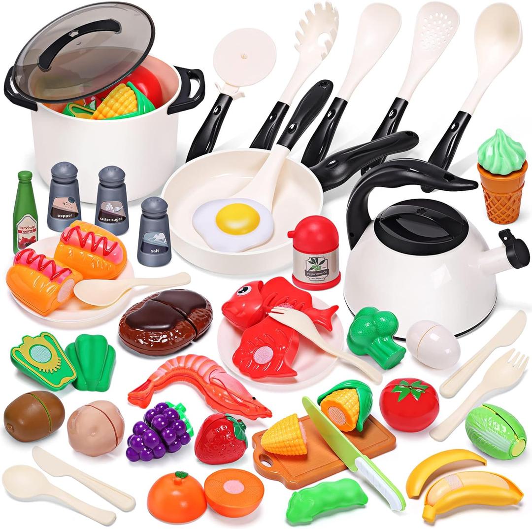 CUTE STONE Play Kitchen Accessories Toy, Play Food Sets for Kids Kitchen, Pretend Kitchen Set for Kids with Play Pots, Pans, Toddler Kitchen Playset Kitchen Toys for Girls Boys (White)