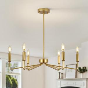 6-Light Gold Chandelier, Gold Light Fixture for Kitchen, Modern Dining Room Light Fixture, Pendant Light Fixtures for Living Room Kitchen Island Bedroom Foyer Entryway,26in,E12.