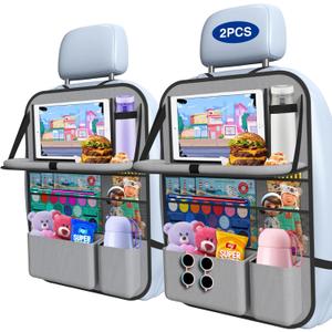 2 PACK-Car Backseat Organizer with Touch Screen Tablet Holder,9 Storage Pockets Storage Organizer with Foldable Food Tray, Protector Kick Mats for Kids, Travel Accessories Organizer (Grey)
