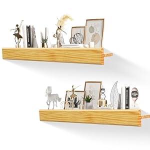 MITREL 32 Inch Picture Ledge Shelf with Lip,Floating Shelves for Wall, Set of 2 Solid Pine Wood Shelves with Invisible Brackets, Wall Storage for Living Room, Bedroom, Kitchen, Bathroom(Nature Wood)