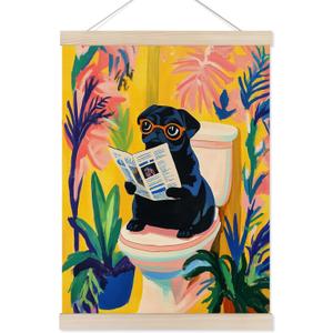 Koesus Funny Black Pug Pooping Bathroom Wall Art Poster Hanger Frame 12x16 Inch, Maximalist Dopamine Tropical Botanical Pug Canvas Pictures Prints Framed Wall Decor for Bathroom Toilet Washroom