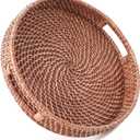HITOMEN 11.8" Hand-Woven Round Rattan Serving Tray Decorative Wicker Trays with Handles for Coffee Table (Honey Brown-M)