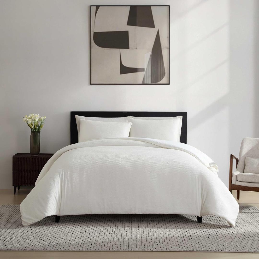 Vera Wang - Queen Comforter Set, Naturally Soft Cotton Bedding w/Matching Pillowcases, Crisp & Smooth w/a Lightweight Feel, 3 Piece Bed Set (Threaded Basketweave White)