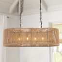 Wellmet Boho Chandelier Light Fixture 42 Inch, Farmhouse Rattan Pendant Light for Dining Room, Rustic Rectangular Chandeliers for Living Room, Bedroom, Kitchen Island (Rattan, 42 Inches)