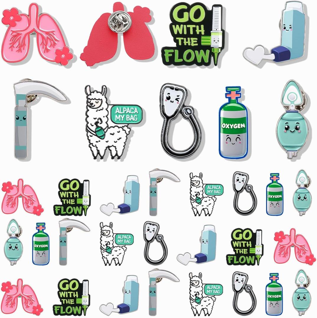 32 Pcs Respiratory Therapist Pins for Doctor Day Gifts Accessories Appreciation Brooch Gifts Enamel Lung Pin Lung Bvm Pft Bulk Funny Medical Jewelry Decor for Spring Allergies World Sleep Day