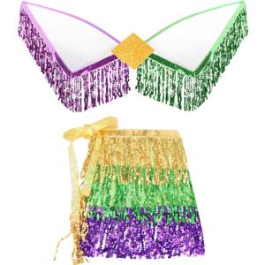 Hying Mardi Gras Costume Accessory Fat Tuesday Fairy Wings Sequin Costume Wings Skirts Outfits for Women Carnival Party (Style 1: Tricolor Set)