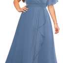 Talisea Plus Size Formal Dresses - Wedding Guest Bridesmaid Evening Prom Chiffon V Neck Ruffle Short Sleeves Long Dress Women (Grey Blue)