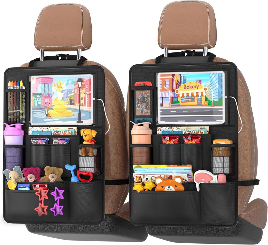 Backseat car Organizer with Touch Screen,2PACK of car organizer Kick Mats Back Seat Protector with 10pcs Storage Pockets,Car Seat Back Organizers Storage for Kids road trip essentials