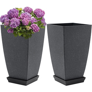 Neoaider Set of 2 Tall Planter, 21 inch Large Plastic Planter with Drain Hole & Saucers, Large Outdoor Planters for Porch, Garden, Patio, Balcony(Cement Gray)