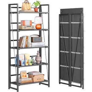 4NM No Assembly Folding Bookshelf, 5-Shelf 62.2" H Collapsible Foldable Bookcase Storage for Small Spaces, All Black