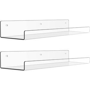 upsimples Acrylic Shelves for Bathroom Storage, 15" Floating Shelves Wall Organizer for Perfume, Make up, Skincare, Kids Bookshelf for Bedroom, Nursery, Living Room Decor, Clear, 2 Pack