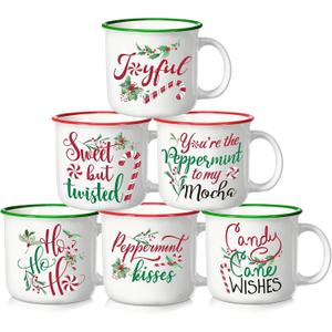 Pickmesh Christmas Coffee Mug Set of 6, 14Oz Christmas Ceramic Mugs With Handle Novelty Red Green Cups Enamel Xmas Mugs for Winter Xmas Gift Party Supplies