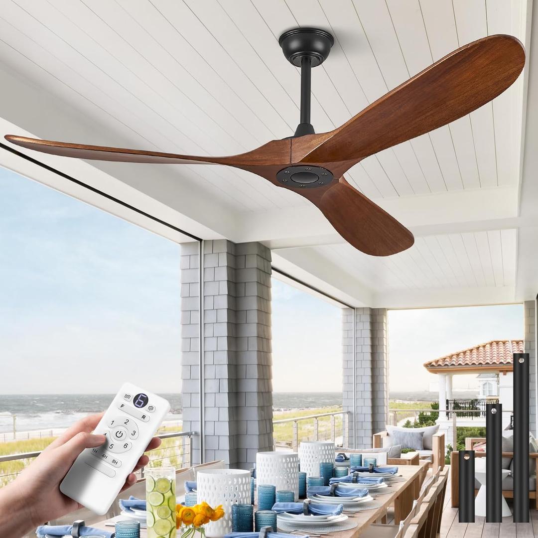 ABZ 60" Outdoor Ceiling Fans without Lights, 60 Inch Wood Ceiling Fans no Light, 3 Blade Propeller Outdoor Fan with Remote Control for Patios Living Room Bedroom Porch, High CFM ETL Listed