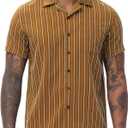 TUNEVUSE Men Hawaiian Shirt Vintage Striped Shirt Short Sleeve Summer Beach Causal Cuban Collar Shirt with Pocket (Brown, XXXL)