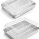 E-far Small Baking Pan with Lid, 9.4x 7 x 2 Stainless Steel Rectangle Sheet Cake Pans for Toaster Oven, Metal Covered Bakeware for Cakes Brownies Casseroles, Non-toxic & Dishwasher Safe - Set of 2