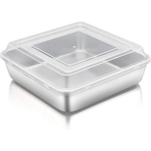 TeamFar Square Cake Pan with Lid (1 Pan & 1 Lid), 8 Inch Square Stainless Steel Baking Tray Cake Brownie Tin For Meal Prep Storage Transporting Food, Healthy & Sturdy, Dishwasher Safe (Silver)
