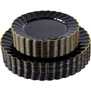 YOUBET 60PCS Black Scalloped Plastic Plates - Black and Gold Disposable Plates include 30 Gold Dinner Plate, 30 Dessert Plate for Party & Wedding