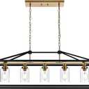 BONLICHT Rectangle 5 Lights Black Modern Dining Room Lighting Fixtures Hanging Over Table, Industrial Brushed Brass Chandeliers Farmhouse Kitchen Island Linear Pendant Light Ceiling with Clear Glass