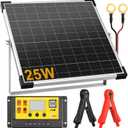 Solar Panel Kit 25W 12V, Monocrystalline Waterproof Solar Battery Trickle Charger Maintainer & Upgrade Controller & Adjustable Mount Bracket, for Boat Car RV Motorcycle Marine Automotive