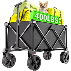 BEAU JARDIN Collapsible Folding Wagon Cart with Big Wheels Foldable Cart with 400LBS Capacity Utility Lightweight Wagon Heavy Duty Grocery Cart for Camping Garden Outdoor Fishing Sports Shopping Black