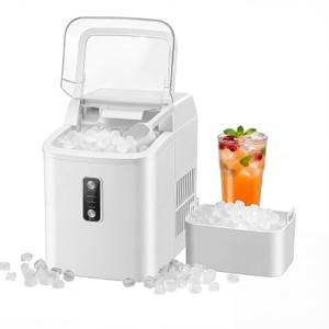 KMFurnila Nugget Ice Maker Countertop, Portable Ice Makers Machine with Removable Basket and Scoop, Self-Cleaning, Quiet, 6-Min Ready, 24lbs in 24Hrs, Visible, for Home, Party, RV, Camping, White