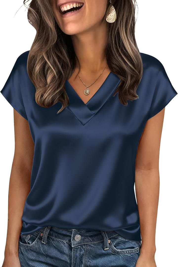Zeagoo Women Silk Satin Tops Cap Short Sleeve Blouse V Neck Shirts Business Casual Outfits (Medium)