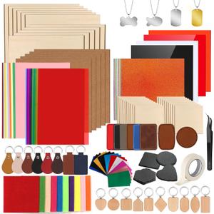 Adrattnay Laser Material Explore Kit, 170PCS Laser Engraving Supplies for Crafting,17 Kinds Blanks Includes Basswood, Birch, Acrylic, Leather, Metal for Engraver Machine