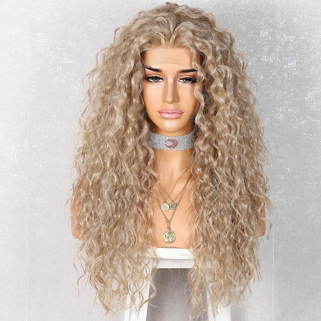 SAPPHIREWIGS Curly Synthetic Lace Front Wigs Deep Curly Wig for Black Women Ash Blonde Wig Glueless Pre Plucked Wigs Heat Resistant Fiber Hair 26 inch (Light Brown)