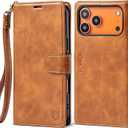 Wallet Case for iPhone 17 Series with Wrist Strap - PU Leather Folio Flip with Credit Card Holder & Kickstand, Protective Cover (Grayish-Brown, for iPhone 17 Pro Max)