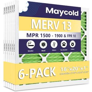 Maycold MERV 13 18x20x1 Air Filter (6-Pack), High-Efficiency Pleated AC & Furnace Filters, Actual Size: 17.70 x 19.70 x 0.75, Individually Wrapped in Plastic