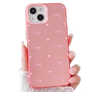 NITITOP Compatible with iPhone 14 Plus / 15 Plus Case Cute Aesthetic Bow Knot for Women Girls Bowknot Shockproof Slim IMD Pink Hard Back Protective Phone Cover - Heart